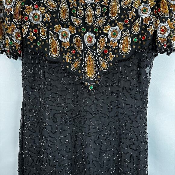 Laurence Kazar Short Sleeve Bodycon Beaded Black Mini Silk Dress Womens L Petite - Picture 3 of 16